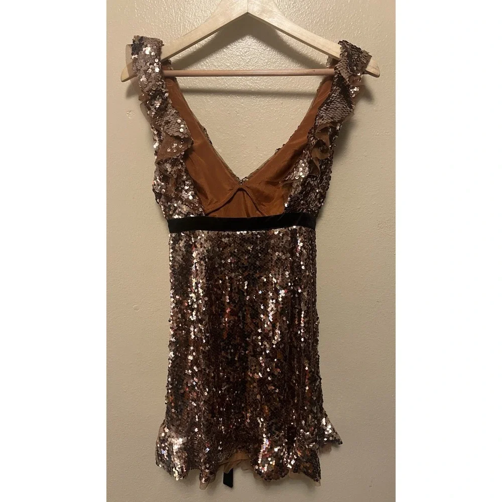 Anthropologie Free People Siren Sequin Mini Dress Lined Cocktail‎ Party Bronze 4